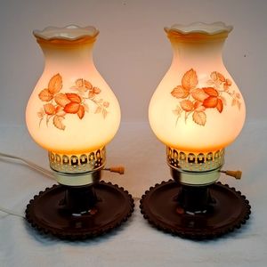 Vintage set of 2 milk glass leaf design hurricane lamps with hobnail metal base